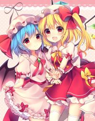 Rule 34 | 2girls, :d, ascot, back bow, bat wings, blonde hair, blue hair, blush, bow, commentary request, crystal, dotted background, dress, feet out of frame, fingernails, flandre scarlet, gem, green gemstone, hat, hat bow, hat ribbon, highres, jewelry, looking at viewer, mary janes, mob cap, multicolored wings, multiple girls, one side up, open mouth, petticoat, pink background, puffy short sleeves, puffy sleeves, red bow, red eyes, red ribbon, red skirt, red vest, remilia scarlet, ribbon, ruhika, sash, shoes, short sleeves, siblings, side ponytail, sisters, skirt, skirt set, smile, standing, thighhighs, touhou, upper body, v, vest, white dress, white legwear, wings, wrist cuffs