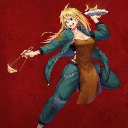 Rule 34 | 1girl, absurdres, apron, blonde hair, blue jacket, blue pants, breasts, brown apron, chopsticks, dorohedoro, dumpling, feet out of frame, food, hair between eyes, hand up, highres, holding, holding chopsticks, holding plate, ikoi (locker-neo), jacket, jiaozi, large breasts, long hair, looking away, looking to the side, nikaidou (dorohedoro), open clothes, open jacket, open mouth, outstretched arm, pants, plate, red background, smile, solo, standing, standing on one leg, strapless, tube top, unzipped