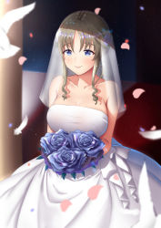 Rule 34 | 10s, 1girl, bird, blue eyes, blue flower, blue rose, blurry, bouquet, breasts, bridal veil, bride, brown hair, cleavage, commentary request, darling in the franxx, dearonnus, depth of field, dove, dress, feathers, flower, highres, kokoro (darling in the franxx), large breasts, long hair, petals, rose, smile, solo, spoilers, strapless, strapless dress, veil, wedding dress, white dress