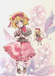 Rule 34 | 1girl, blonde hair, blush, bow, bowtie, doll, female focus, flying, full body, hair bow, kuma (artist), kuma (crimsonvanilla), looking at viewer, medicine melancholy, puffy short sleeves, puffy sleeves, red bow, red bowtie, red eyes, short hair, short sleeves, size difference, solo, standing, su-san, touhou