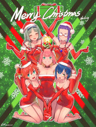 Rule 34 | 10s, 5girls, :d, absurdres, antlers, aqua eyes, arm up, arms up, bare shoulders, barefoot, bell, blue hair, box, chinese commentary, christmas, christmas ornaments, closed eyes, collar, collarbone, commentary request, darling in the franxx, dated, double bun, dress, elbow gloves, eyes visible through hair, forehead, fur-trimmed dress, fur-trimmed headwear, fur trim, gift, gift box, glasses, gloves, gorgeous mushroom, green eyes, green hair, grin, hair bun, hair ornament, hairclip, hat, heart arms, highres, horns, huge filesize, ichigo (darling in the franxx), ikuno (darling in the franxx), jingle bell, kneeling, kokoro (darling in the franxx), long hair, looking at viewer, merry christmas, miku (darling in the franxx), multiple girls, neck bell, open mouth, outstretched arm, party hat, pink hair, pom pom (clothes), purple hair, red dress, red gloves, red hair, red hat, santa dress, santa hat, short hair, smile, snowflakes, star (symbol), strapless, strapless dress, thigh gap, v-shaped eyebrows, zero two (darling in the franxx)