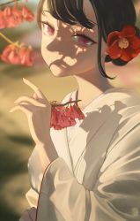 Rule 34 | 1girl, branch, brown hair, eyebrows hidden by hair, flat chest, flower, hair bun, hair flower, hair ornament, head tilt, highres, holding, holding branch, japanese clothes, kimono, litra (ltr0312), looking at viewer, original, pink eyes, portrait, red flower, shadow, single hair bun, smile, solo, white kimono