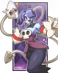 Rule 34 | 1girl, absurdres, bare shoulders, blue skin, breasts, colored skin, creator connection, detached collar, detached sleeves, dress, female focus, grin, hair over one eye, highres, leviathan (skullgirls), lyn nyl, monster girl, red eyes, sagas293, side ponytail, skullgirls, smile, squigly (skullgirls), stitched mouth, stitches, striped, striped sleeves, white background, zombie
