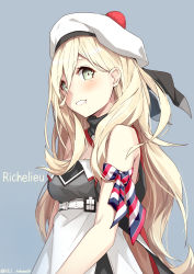 Rule 34 | 10s, 1girl, armband, bare shoulders, belt, beret, blonde hair, character name, dress, grey background, hair between eyes, hat, highres, kantai collection, long hair, looking at viewer, mole, mole under eye, mole under mouth, parted lips, pom pom (clothes), richelieu (kancolle), signature, simple background, smile, solo, takanashi kei (hitsujikan), twitter username, upper body, yellow eyes