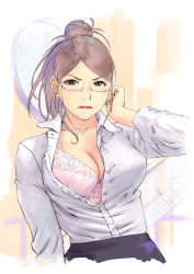 Rule 34 | 1girl, adjusting hair, blouse, bra, breasts, brown eyes, brown hair, carina (xiaowoo), cleavage, frilled shirt, frills, frown, glasses, hair bun, half-closed eyes, large breasts, lipstick, makeup, nail polish, office lady, open clothes, open shirt, parted bangs, ponytail, scowl, shirt, single hair bun, sketch, solo, swept bangs, underwear, white shirt