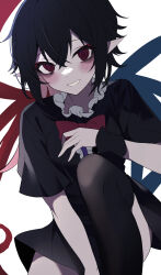 Rule 34 | 1girl, asymmetrical wings, black dress, black hair, black thighhighs, blue wings, blush, bow, bowtie, breasts, center frills, commentary, crossed bangs, dress, feet out of frame, frilled dress, frills, grin, hair between eyes, highres, houjuu nue, long bangs, looking at viewer, one-hour drawing challenge, pointy ears, red bow, red bowtie, red eyes, red wings, ringed eyes, short dress, short hair, short sleeves, simple background, small breasts, smile, solo, thighhighs, touhou, usuuuv, white background, wings, wristband