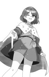 Rule 34 | 1girl, ;d, cape, commentary request, dress, greyscale, hairband, long sleeves, looking at viewer, monochrome, one eye closed, onkn sxkn, open mouth, short hair, simple background, smile, solo, tenkyuu chimata, touhou, zipper