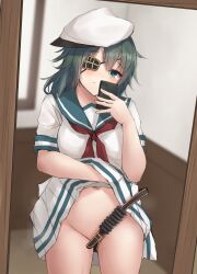 Rule 34 | 1girl, absurdres, blush, cellphone, closed mouth, cowboy shot, eyepatch, gluteal fold, green eyes, green hair, green sailor collar, hat, highres, holding, holding phone, k jie, kantai collection, kiso (kancolle), neckerchief, no panties, peaked cap, phone, pleated skirt, red neckerchief, sailor collar, short hair, short sleeves, skirt, smartphone, solo, white hat, white skirt