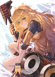 Rule 34 | 1girl, absurdres, ammunition, bike shorts, black gloves, blonde hair, blush, eyes visible through hair, fabarm sat-8, fang, fang out, girls&#039; frontline, gloves, green eyes, gun, hair between eyes, hairband, highres, holding, holding gun, holding weapon, jacket, long hair, looking at viewer, machinery, messy hair, open mouth, pleated skirt, pouch, s.a.t.8 (girls&#039; frontline), semi-automatic firearm, semi-automatic shotgun, shield module, shotgun, shotgun shell, shotgun shell holder, shotgun speedloader, sidelocks, skirt, smile, snow, snowing, solo, squatting, ten no hoshi, thighs, very long hair, weapon
