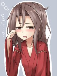 Rule 34 | 10s, 1girl, blush, brown eyes, drooling, hair down, japanese clothes, kantai collection, light brown hair, long hair, looking at viewer, no headband, open mouth, rubbing eyes, sleepy, solo, tears, upper body, yakob labo, zuihou (kancolle)