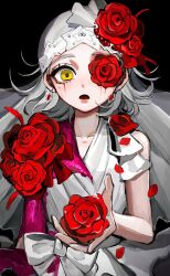 Rule 34 | 1girl, :o, black background, blood, blood on arm, blood on clothes, bow, dew drop, dress, dress flower, earrings, falling petals, flower, flower over eye, grey hair, hair flower, hair ornament, highres, hoge (n8sss), holding, holding flower, identity v, jewelry, lips, looking at viewer, medium hair, official alternate costume, petals, pink blood, red flower, red rose, rose, runny makeup, simple background, sleeveless, sleeveless dress, solo, straight-on, upper body, veil, vera nair, vera nair (crimson bride), waist bow, water drop, white bow, white dress, yellow eyes