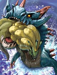 Rule 34 | animal in mouth, blue sclera, claws, colored sclera, dragon, glowing, glowing eyes, highres, horns, lagiacrus, monster, monster hunter, monster hunter (series), monster hunter 3, no humans, partially submerged, pekoson, red eyes, red horns, royal ludroth, scales, scar, sharp teeth, splashing, teeth, tongue, water, yellow eyes
