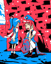Rule 34 | 2girls, arms behind back, beret, braid, brick wall, closed eyes, commentary, daiyousei, dragon print, dress, fairy wings, hair ribbon, hand on own cheek, hand on own face, hat, hong meiling, limited palette, long hair, looking at another, multiple girls, open mouth, outdoors, own hands together, pants, parted bangs, puffy short sleeves, puffy sleeves, ribbon, setz, shoes, short sleeves, side ponytail, side slit, smile, socks, squatting, star (symbol), touhou, tress ribbon, twin braids, v arms, wall, wings