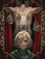 Rule 34 | 1boy, animal, bags under eyes, black eyes, cloak, demon, dungeon meshi, elf, goat, goat (dungeon meshi), gorget, green cloak, grey hair, highres, hood, hooded cloak, horizontal pupils, horns, lazy eye, looking at viewer, male focus, mithrun, notched ear, picture frame, pointy ears, red curtains, sasakura34, scared, shirt, short hair, smile, solo, tunic, uneven eyes, wavy hair