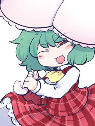 Rule 34 | 1girl, ascot, blush, blush stickers, breasts, chahan (fried rice0614), chibi, collared shirt, green hair, grey background, hair between eyes, hands up, highres, holding, holding umbrella, kazami yuuka, long sleeves, looking at viewer, medium breasts, one-hour drawing challenge, one eye closed, open clothes, open mouth, open vest, plaid, plaid skirt, plaid vest, puffy long sleeves, puffy sleeves, red eyes, red skirt, red vest, shirt, short hair, skirt, smile, solo, standing, tongue, touhou, umbrella, v-shaped eyebrows, vest, white background, white shirt, yellow ascot