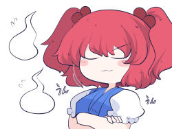 Rule 34 | 1girl, blue dress, blush stickers, chahan (fried rice0614), closed eyes, closed mouth, crossed arms, dress, hair bobbles, hair ornament, one-hour drawing challenge, onozuka komachi, red hair, short hair, short sleeves, simple background, smile, solo, touhou, two side up, upper body, white background