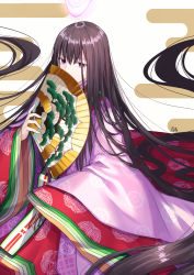 Rule 34 | 1girl, absurdly long hair, brown hair, commentary request, covered mouth, egasumi, fate/grand order, fate (series), folding fan, glowing, gogatsu fukuin, hair between eyes, hair down, hand fan, highres, holding, holding fan, japanese clothes, juunihitoe, karaginu mo, kimono, layered clothes, layered kimono, long hair, long sleeves, murasaki shikibu (fate), murasaki shikibu (third ascension) (fate), pink kimono, purple eyes, red kimono, signature, sleeves past fingers, sleeves past wrists, solo, very long hair, white background, wide sleeves