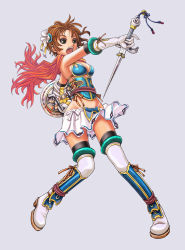 Rule 34 | 1girl, armor, armpits, boots, breasts, brown eyes, brown hair, cape, elbow gloves, flower, gloves, hair ornament, highres, miniskirt, navel, open mouth, revealing clothes, revision, ribbon, shield, short hair, sideboob, simple background, skirt, solo, soulcalibur, standing, sword, thighhighs, v-mag, weapon, zettai ryouiki