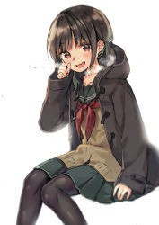 Rule 34 | 1girl, :d, black hair, black pantyhose, blush, breath, brown coat, brown eyes, cardigan, coat, commentary request, fang, green skirt, head tilt, long hair, long sleeves, looking at viewer, low twintails, midorikawa you, neckerchief, open clothes, open coat, open mouth, original, pantyhose, pleated skirt, red neckerchief, school uniform, serafuku, shirt, simple background, skirt, smile, solo, twintails, white background
