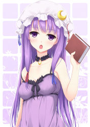 Rule 34 | 1girl, babydoll, bare arms, bare shoulders, book, breasts, choker, collarbone, crescent, gradient background, hat, long hair, looking at viewer, medium breasts, mob cap, nightgown, open mouth, patchouli knowledge, purple eyes, purple hair, ribbon choker, solo, strap slip, tokugawa landine, touhou, very long hair