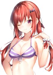 Rule 34 | &gt;:), 1girl, bare arms, bare shoulders, bat hair ornament, bikini, breasts, cleavage, closed mouth, collarbone, fang, fang out, front-tie bikini top, front-tie top, gabriel dropout, glint, hair ornament, hair ribbon, halterneck, hand up, highres, long hair, looking at viewer, low twintails, medium breasts, one eye closed, pink eyes, purple bikini, red hair, ribbon, satanichia kurumizawa mcdowell, scrunchie, shiero., sidelocks, simple background, sky, smile, solo, stomach, striped bikini, striped clothes, swimsuit, twintails, upper body, v-shaped eyebrows, white background, wrist scrunchie