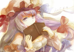 Rule 34 | 1girl, bad id, bad pixiv id, book, breasts, cleavage, crescent, crescent hair ornament, dated, double bun, frown, hair ornament, hair ribbon, hat, hat ribbon, keiko (mitakarawa), light purple hair, long hair, looking at viewer, mob cap, open book, patchouli knowledge, purple eyes, ribbon, sketch, solo, touhou, tress ribbon, upper body, very long hair, white background