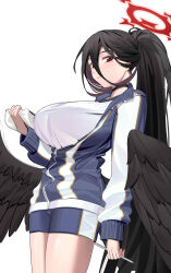Rule 34 | 1girl, absurdres, black choker, black hair, black wings, blue archive, blue jacket, blue shorts, blush, breasts, choker, closed mouth, commentary, cowboy shot, doufu (pixiv9093484), hair between eyes, halo, hasumi (blue archive), hasumi (track) (blue archive), highres, holding, holding notepad, holding pencil, jacket, large breasts, long hair, looking at viewer, low wings, mole, mole under eye, nervous smile, notepad, official alternate costume, partially unzipped, pencil, perky breasts, ponytail, red eyes, shirt, short shorts, shorts, simple background, smile, solo, standing, sweatdrop, tented shirt, track jacket, very long hair, white background, white shirt, wings