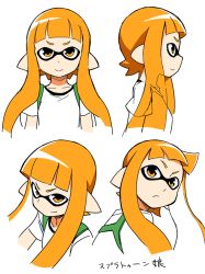 Rule 34 | 1girl, anbe masahiro, character sheet, domino mask, expressions, from side, frown, inkling, inkling girl, inkling player character, long hair, mask, matching hair/eyes, monster girl, nintendo, orange eyes, orange hair, pointy ears, short hair with long locks, simple background, smile, solo, splatoon (series), splatoon 1, text focus, translation request, twintails, upper body, white background