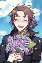 Rule 34 | 1boy, absurdres, black jacket, bouquet, braid, brown hair, chinese commentary, cloud, commentary request, daisy, duozaiduonan, closed eyes, flower, green scarf, harada minoru, highres, holding, holding bouquet, jacket, long sleeves, male focus, open clothes, open jacket, open mouth, purple flower, purple sweater, ribbed sweater, saibou shinkyoku, scar, scar on face, scar on forehead, scarf, sky, smile, solo, sweater, teeth, upper teeth only