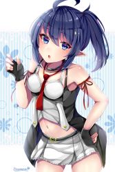 Rule 34 | 1girl, :o, ahoge, arm ribbon, belt, black gloves, blue eyes, blue hair, breasts, character request, collar, collarbone, cowboy shot, fingerless gloves, gloves, hair between eyes, hand on own hip, leaning forward, long hair, looking at viewer, magical manana, midriff, miniskirt, navel, necktie, pleated skirt, pointy ears, ponytail, red necktie, red ribbon, ribbon, sara (pso2), skirt, sleeveless, small breasts, solo, standing, stomach, striped, striped background, white skirt