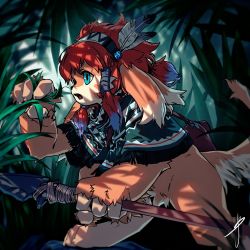 Rule 34 | blaedic, blue eyes, body fur, bottomless, commission, dappled sunlight, from side, furry, grass, hairband, highres, multicolored hair, nature, open mouth, original, outdoors, plant, ponytail, red hair, shawl, sidelocks, sunlight, tribal