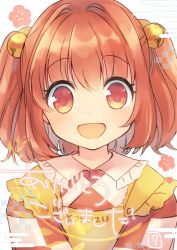 Rule 34 | 1girl, apron, bell, character name, checkered clothes, checkered kimono, clothes writing, commentary request, hair bell, hair ornament, happy, japanese clothes, jingle bell, kimono, looking at viewer, motoori kosuzu, open mouth, orange eyes, orange hair, red eyes, red hair, red kimono, romaji text, sen1986, short hair, solo, touhou, twintails, two side up, upper body, white kimono, yellow apron