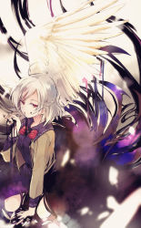 Rule 34 | 1girl, ahoge, bow, bowtie, braid, expressionless, feathered wings, feathers, full body, half-closed eyes, hand up, hisona (suaritesumi), jacket, kishin sagume, long sleeves, looking at viewer, open clothes, open jacket, purple shirt, purple skirt, red bow, red bowtie, red eyes, shirt, silver hair, single wing, sitting, skirt, solo, touhou, white wings, wings