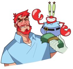 Rule 34 | 1boy, arms at sides, banknote, bara, beard, blush, character sheet, collared shirt, cropped torso, embarrassed, facial hair, highres, holding, holding money, implied prostitution, looking to the side, male focus, male prostitution, mature male, money, mr. krabs, mustache, old, old man, pectoral cleavage, pectorals, personification, revealyoursins, shirt, short hair, solo, spongebob squarepants (series), v-shaped eyebrows