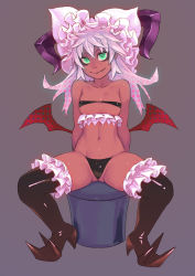 Rule 34 | 1girl, black thighhighs, boots, breasts, colored skin, dark-skinned female, dark skin, fang, full body, green eyes, grey background, hair ornament, horns, knee boots, navel, original, panties, pink hair, red skin, short hair, simple background, sitting, skindentation, small breasts, solo, spread legs, strapless, thighhighs, tube top, underboob, underwear, wings, yuuji (and)