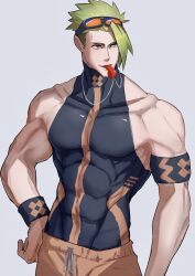 Rule 34 | abs, absurdres, achilles (fate), achilles (fearless diver) (fate), armband, black shirt, blowing whistle, collarbone, fate/grand order, fate (series), goggles, goggles on head, green hair, grey background, haruakira, highres, large pectorals, looking to the side, male focus, mature male, muscular, muscular male, orange eyes, orange pants, pants, pectorals, shirt, simple background, turtleneck, undercut, whistle, whistle around neck, wristband