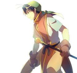 Rule 34 | 1boy, bandana, black hair, brown eyes, brown gloves, echo (circa), gensou suikoden, gensou suikoden i, gloves, male focus, simple background, solo, staff, tir mcdohl, weapon, white background