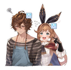 1boy 1girl :d ahoge apron aqua_eyes ascot black_gloves black_headband blush brown_hair cape clarisse_(granblue_fantasy) collar commentary_request flying_sweatdrops frilled_gloves frills gloves granblue_fantasy hair_between_eyes hair_intakes headband highres looking_at_viewer meru1029 messy_hair open_mouth orange_hair pointing pointing_at_self red_cape red_eyes ribbed_sweater sandalphon_(granblue_fantasy) sandalphon_(server_of_a_sublime_brew)_(granblue_fantasy) shirt short_hair smile squiggle striped_clothes striped_shirt sweater turtleneck turtleneck_sweater upper_body white_background white_sweater