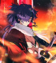 Rule 34 | 1boy, abs, blood, cuts, embers, facial hair, fate/grand order, fate (series), fire, glint, hadanugi dousa, hair over one eye, headband, highres, holding, holding sword, holding weapon, injury, japanese clothes, katana, kimono, long hair, looking at viewer, male focus, multiple swords, nagatekkou, okada izou (fate), okada izou (third ascension) (fate), open kimono, pectorals, pirohi (pirohi214), ponytail, purple hair, red kimono, scarf, smile, solo, stubble, sword, toned, toned male, torn clothes, upper body, weapon, white scarf, yellow eyes