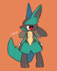Rule 34 | animal ears, animal hands, artist name, auko, creatures (company), feet, full body, furry, game freak, gen 4 pokemon, legs apart, looking to the side, lucario, nintendo, pokemon, pokemon (creature), pokemon dppt, red background, red eyes, signature, simple background, solo, standing, tail, text focus, wolf ears