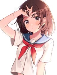 Rule 34 | 1girl, arm at side, arm up, blush, brown eyes, brown hair, closed mouth, collarbone, highres, light frown, neckerchief, original, red neckerchief, school uniform, serafuku, shigure ui, short sleeves, sidelocks, simple background, solo, sweat, upper body, white background