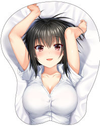 Rule 34 | 1girl, :d, aldehyde, arms up, bed sheet, black hair, blush, bracelet, breast mousepad, breasts, cleavage, collarbone, collared shirt, dress shirt, from above, highres, jewelry, large breasts, looking at viewer, mousepad, mousepad (medium), neeko (aldehyde), open mouth, original, red eyes, shirt, short hair, short sleeves, sidelocks, smile, solo, tsurime, upper body, white shirt, wing collar