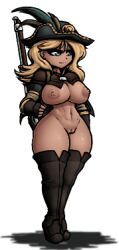 Rule 34 | 1girl, abs, animated, animated gif, bare hips, blonde hair, blue eyes, boots, bouncing breasts, breasts, cape, cleft of venus, darkest dungeon, female soldier, fingerless gloves, functionally nude, gloves, gun, hat, hat feather, high heel boots, high heels, holding, holding gun, holding weapon, large breasts, long hair, lowres, musket, musketeer, musketeer (darkest dungeon), navel, nipples, no bra, no panties, nude, nude mod, pussy, rifle, shadow, soldier, solo, standing, strap, thick thighs, thigh boots, thighs, transparent background, uncensored, video game, wavy hair, weapon, weapon on back, xelsword