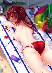 Rule 34 | 1girl, ass, back, back focus, bikini, blush, breasts, butt crack, cocktail, coconut, commentary request, crab, flower, from above, haruhitooo, highres, hololive, houshou marine, houshou marine (summer), innertube, large breasts, looking at viewer, looking back, lotion, lying, on stomach, red bikini, red eyes, red hair, shell, sideboob, smile, solo, sunscreen, swim ring, swimsuit, untied bikini, virtual youtuber