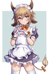 Rule 34 | 1boy, alternate costume, animal ears, apron, arknights, bison (arknights), brown eyes, brown hair, brown horns, child, commentary request, cowboy shot, crossdressing, detached collar, enmaided, frilled apron, frilled gloves, frills, gloves, hair ornament, heart, heart hands, horns, maid, maid headdress, male focus, orange neckwear, ribbon, short sleeves, simple background, solo, tail, tail ornament, tail ribbon, thighhighs, trap, two-tone background, white apron, white gloves, white thighhighs, yoruhachi