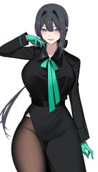 Rule 34 | absurdres, allmind (armored core 6), armored core, armored core 6, ateoyh, black suit, breasts, business suit, earrings, formal, gloves, green eyes, green gloves, green necktie, grey hair, highres, jewelry, large breasts, mole, mole under mouth, necktie, office lady, original, pantyhose, pencil skirt, personification, skirt, suit, triangle earrings, white background