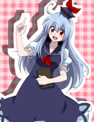 Rule 34 | 1girl, ahoge, bad id, bad pixiv id, blue hair, book, checkered background, dress, female focus, index finger raised, kamishirasawa keine, marimo danshaku, open mouth, pointing, pointing up, red eyes, silver hair, smile, solo, touhou