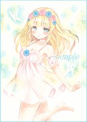 Rule 34 | 1girl, bad id, bad pixiv id, barefoot, blonde hair, blue eyes, blue flower, blush, closed mouth, colored pencil (medium), detached sleeves, dress, flower, from side, hair flower, hair ornament, leg up, long hair, looking at viewer, marker (medium), original, painting (medium), pink flower, potto, puffy detached sleeves, puffy sleeves, sample watermark, short dress, smile, solo, traditional media, watercolor (medium), watermark, white dress
