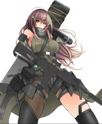 Rule 34 | 1girl, arm strap, armor, armpits, assault rifle, asymmetrical legwear, bad id, bad pixiv id, brown eyes, brown hair, case, closed mouth, clothes around waist, collarbone, detached sleeves, elbow pads, floating hair, gauntlets, girls&#039; frontline, gloves, gun, hair between eyes, hand in own hair, headset, highres, holding, holding gun, holding weapon, jacket, jacket around waist, long hair, m4 carbine, m4a1 (girls&#039; frontline), m4a1 (mod3) (girls&#039; frontline), magazine (weapon), mod3 (girls&#039; frontline), multicolored hair, pigat, pouch, ribbed legwear, ribbed sweater, rifle, scarf, scope, sidelocks, simple background, skindentation, solo, strap, streaked hair, sweater, sweater vest, thigh strap, thighs, two-tone hair, uneven legwear, weapon, weapon case, white background, wind, wind lift