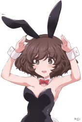 Rule 34 | 1girl, :d, akiyama yukari, animal ears, armpits, arms up, bare shoulders, black leotard, bob cut, bow, breasts, brown eyes, brown hair, detached collar, girls und panzer, hands up, hazuki haru, highres, leotard, medium breasts, messy hair, open mouth, playboy bunny, rabbit ears, rabbit tail, red bow, signature, simple background, smile, strapless, strapless leotard, tail, teeth, upper body, upper teeth only, white background, wrist cuffs